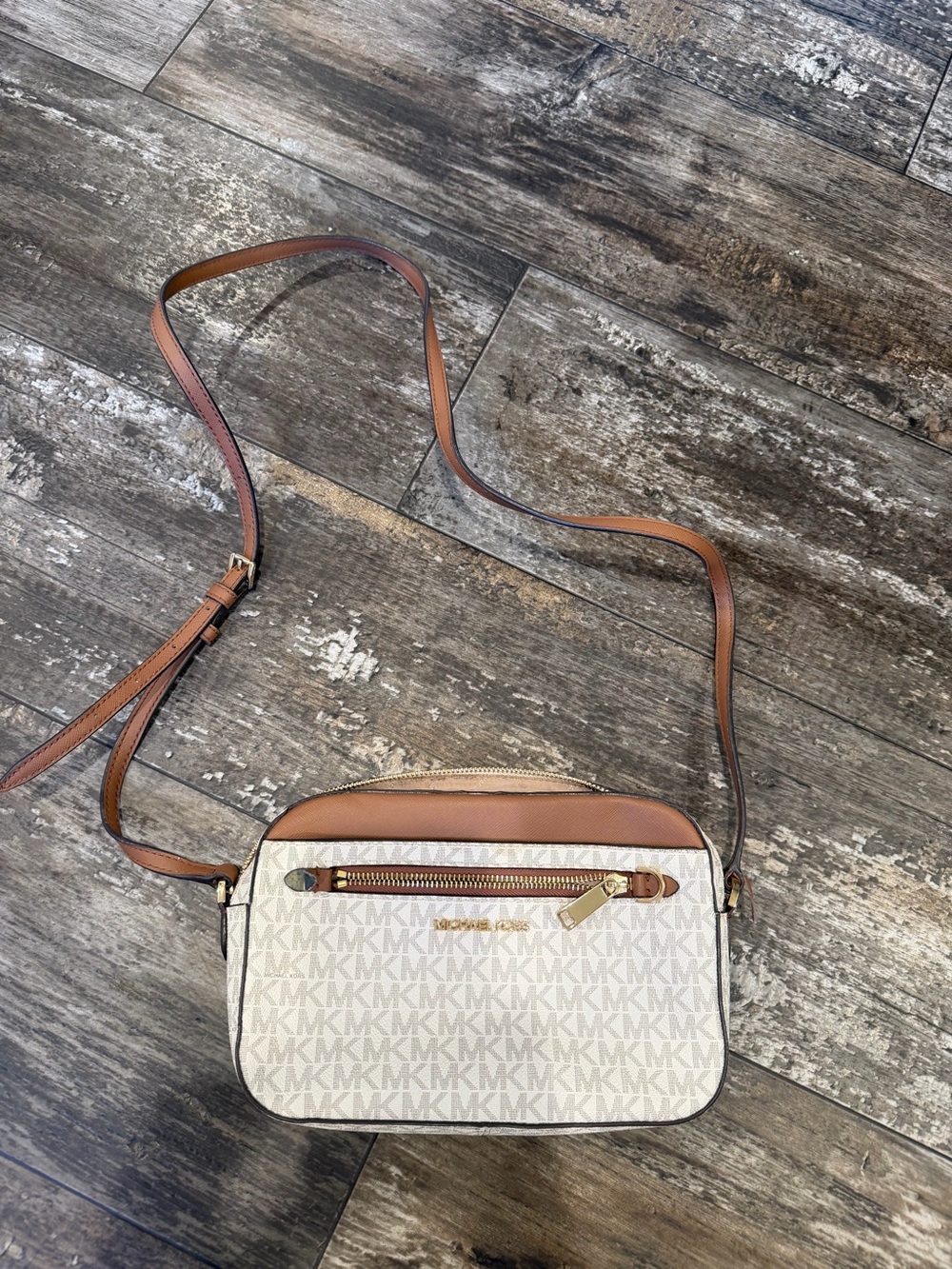 Michael Kors Cream Logo Crossbody with Tan Leather Trim